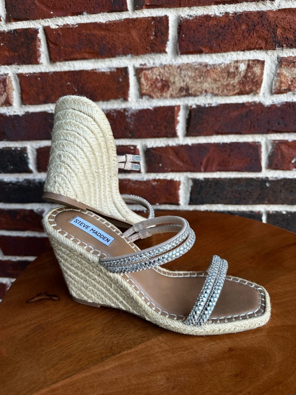 Steve Madden Beige Espadrille Wedge Sandals with Rhinestone Straps
